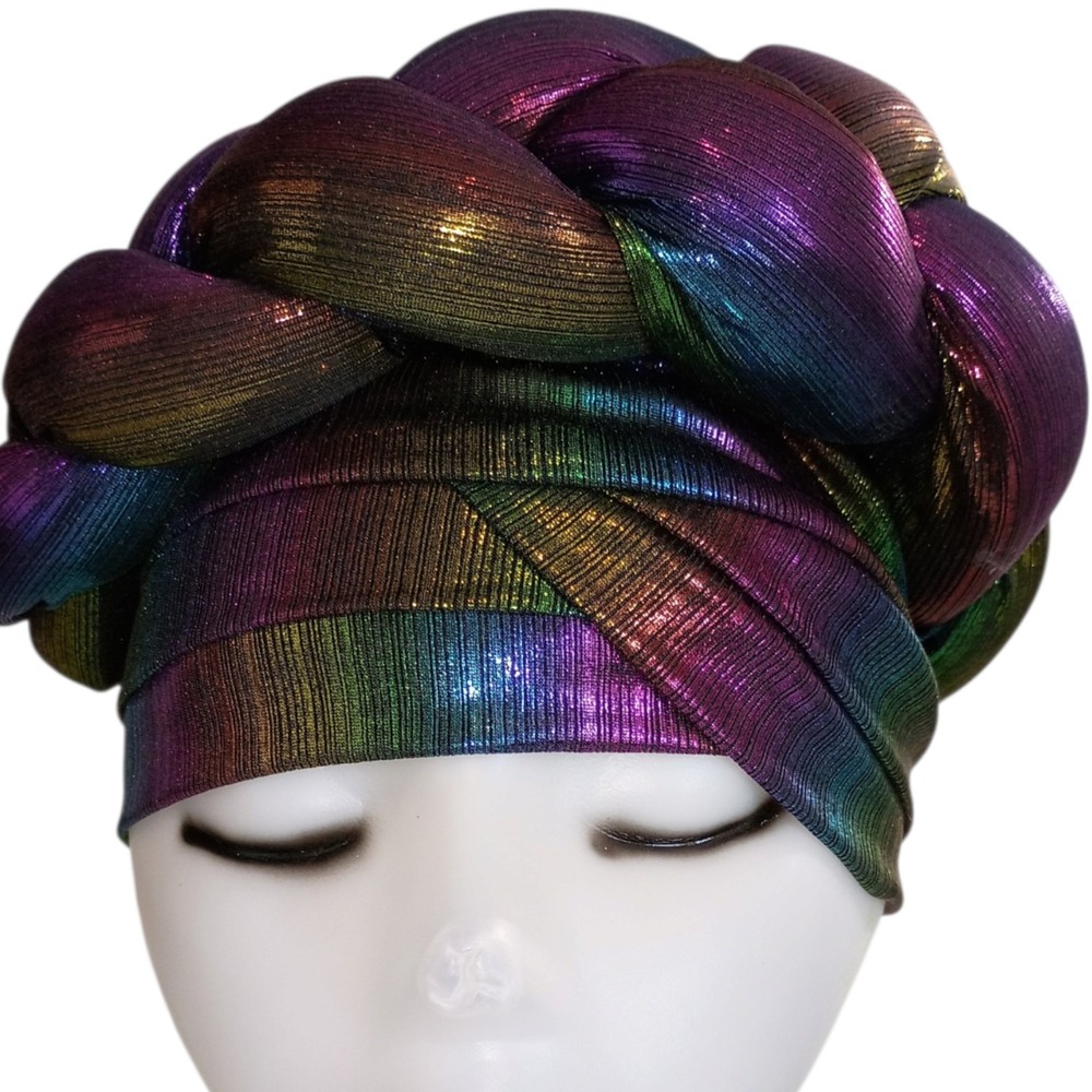 Metallic Rainbow Braided Turban Headwrap Multi-Color Shimmer Headpiece